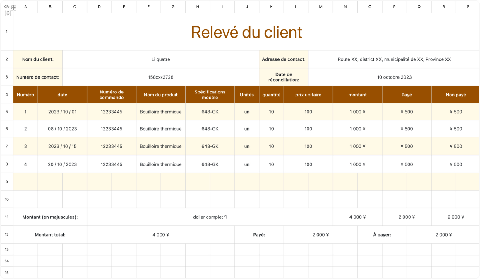 Relevé du client